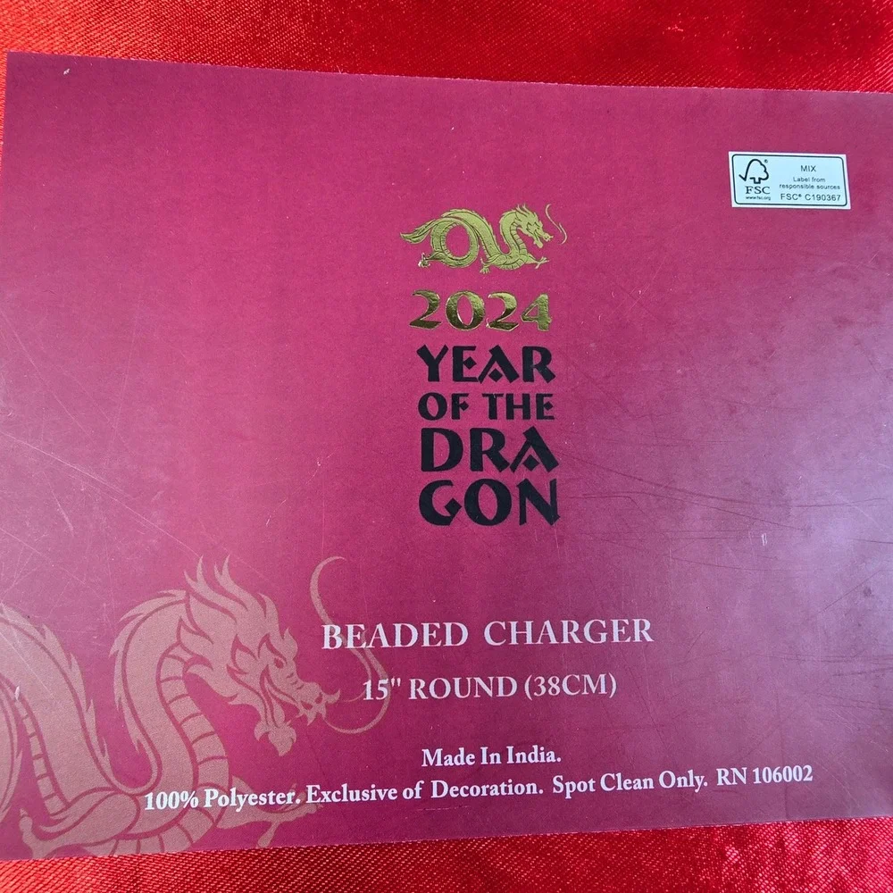 2024 Year of the Dragon Beaded Charger 15 Inch Round Red Black Gold Placemat NEW